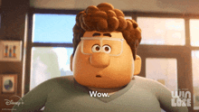 a cartoon character says wow in a disney plus ad
