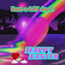 a happy easter greeting card with a heart and a rainbow in the background