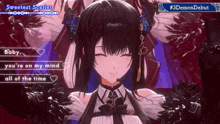 a video game screen shows a girl with the words sweetest scarlet on it