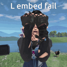 a woman covering her face with her hands and the words l embed fail behind her