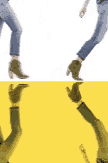 a man and a woman standing next to each other on a yellow background