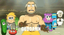 a group of cartoon characters are standing around a man with the word goddamn on the bottom