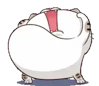 a cartoon cat with a big belly is standing with its mouth open .