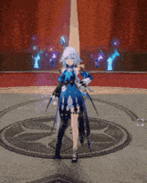 a girl in a blue dress is standing in a circle
