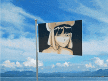 a flag with a picture of a girl in a cowboy hat