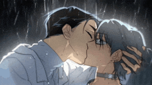 a man and a woman kissing in the rain in a cartoon
