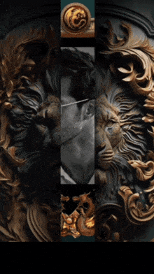 a man wearing sunglasses stands in front of a lion statue and the word tua