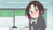 a girl with glasses and purple hair is looking at the camera