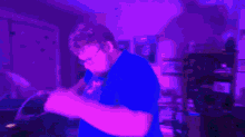 a colorful painting of a person in a blue shirt