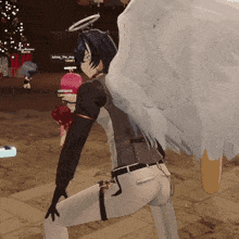 a video game character with angel wings is standing next to a girl with pink hair