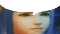 a close up of a woman 's face with a white speech bubble above it