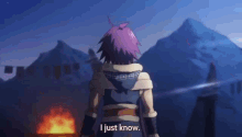 a man with purple hair is standing in front of a mountain and a fire .