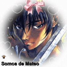 a drawing of a man with a pink bow and the words somos de mateo below him