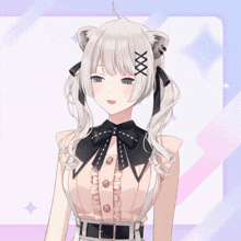a girl with white hair has a black ribbon around her neck with the number xxx on it