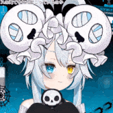 a girl with a skull on her shoulder is wearing a skull hat