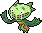 a pixel art drawing of a green monster with a long tail .