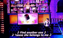 a man singing in front of a screen that says " find another one "