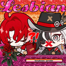 a picture of two anime characters with the words lesbian pride in the lower right corner