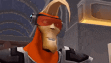 a cartoon character wearing goggles and headphones is standing in a room and smiling .