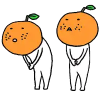 a couple of cartoon characters with oranges on their heads bow their heads .
