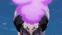 a girl with a purple smoke coming out of her head