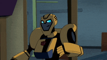 a cartoon robot with a blue eye and a red emblem on his chest