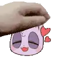 a hand is holding a cartoon character 's head with hearts .