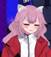 a girl with pink hair is wearing a red jacket with the number 02 on it .