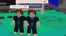 two roblox characters are standing next to each other and one of them is talking about nico