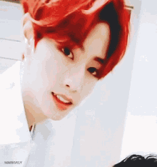 a close up of a person with red hair and the name markvely