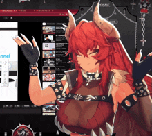a girl with red hair and horns is standing in front of a screen that says channel