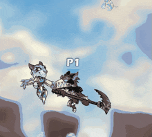 a cartoon character is holding an axe and says p1 on the top
