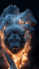 a lion with smoke coming out of its mouth is walking in the dark