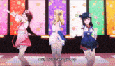 three anime girls are dancing with the words still i just can t give up