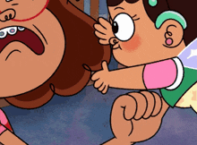 a cartoon character with braces on her teeth is talking to a little girl