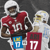 a cardinals player is holding a football while a lac player holds a sign with the number 17 on it