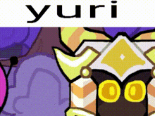 a close up of a cartoon character with the word yuri on the bottom