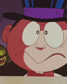 a cartoon character with a purple top hat and glasses