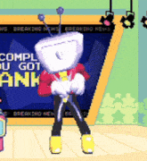 a cartoon character is standing in front of breaking news