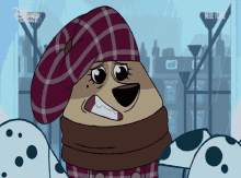 a dalmatian wearing a plaid hat and scarf is on a disney channel channel