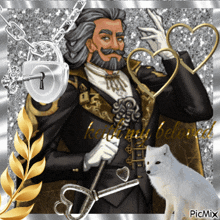 a picture of a man holding a key next to a white fox and the words " knit and beloved " on the bottom