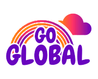 a logo that says go global with a rainbow and a heart in the background
