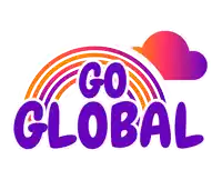 a logo that says go global with a rainbow and a heart in the background