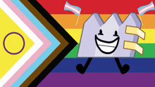 a cartoon character is smiling in front of a rainbow colored background