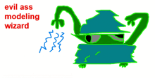 a drawing of an evil ass modeling wizard with a blue robe