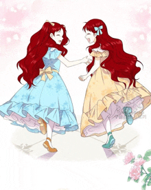 a couple of girls with red hair are dancing together and one of them is wearing a blue dress