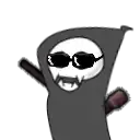 a cartoon grim reaper wearing sunglasses and a hood is holding a bat .