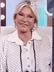 a woman wearing a white shirt and polka dot jacket smiles for the camera
