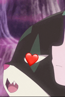 a close up of a cartoon character with a red heart in its eye