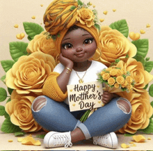 a girl is sitting in front of a bunch of yellow roses holding a sign that says happy mother 's day .